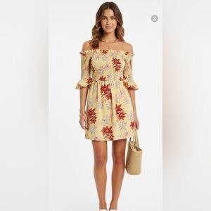 Top Shop Smocked Floral Print Off-Shoulder Yellow Dress Size 4